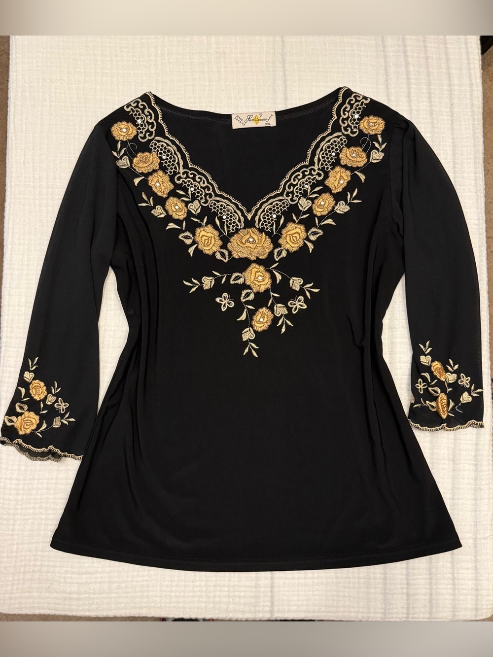 Vintage Black & gold Whimsygoth floral beaded intricate embroidered blouse